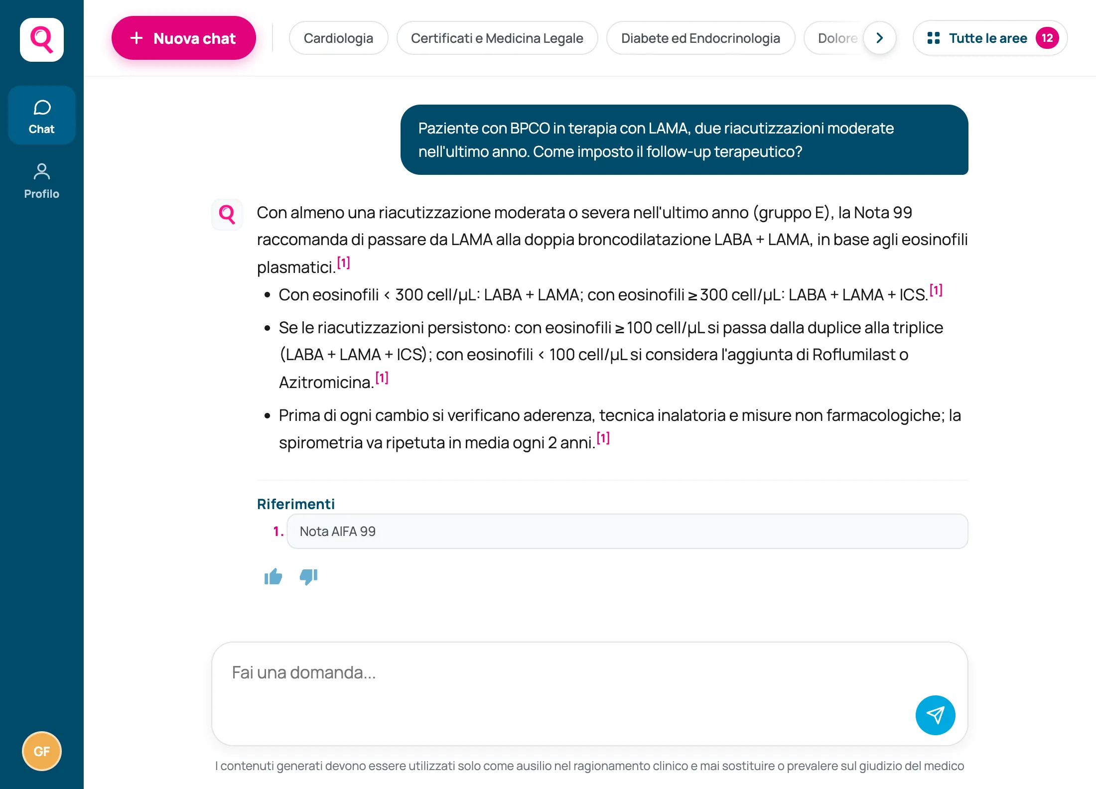 Schermata della chat di MedQuestio: in alto il pulsante «Nuova chat» e la riga delle aree focus; sotto la domanda di un medico e la risposta, con i numeri che rimandano alle fonti elencate in fondo.